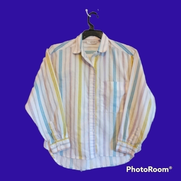 Pyramid vintage 80's buttoned 3/4 long sleeve pastel striped shirt women medium - Picture 2 of 4